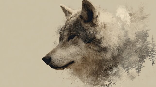 A side profile of a wolf merges with trees creating a blended natureanimal effect against a tan backdrop