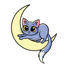 Whimsical Kitten on Crescent Moon: This whimsical illustration depicts a charming cartoon kitten perched serenely upon a glowing crescent moon. The artwork evokes a sense of magic and fantasy.