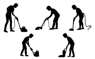 Silhouettes of people vacuuming in various poses and positions on a white background, cleaning activity