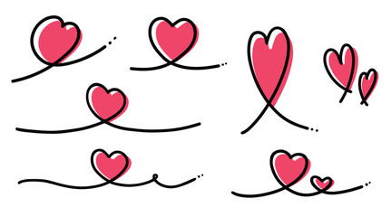 くるんとした黒い手描きの線と赤い塗りのハートのベクターセット素材