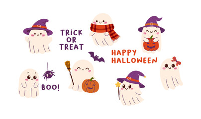 Stickers Set of cute smiling Halloween ghosts. Cute Halloween characters in different poses, with witch hats, scarf and pumpkins. Illustration of ghosts in a simple children's style