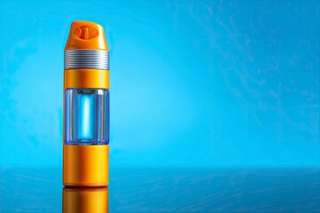 A yellow bottle with a silver neck and blue light on a blue background