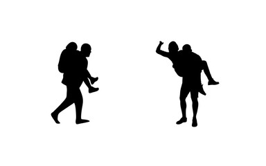Two silhouettes of people giving piggyback rides on a white background in a simple illustration
