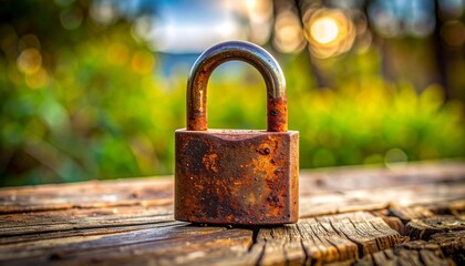 Rusty padlock on weathered wood with warm sunset and blurred trees&mdash;evocative, aged, and symbolic of decay, memory, and contrast.