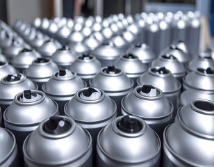 Many silver spray paint cans in a warehouse