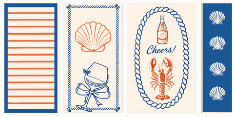 Nautical themed illustrations featuring seashells lobster champagne and striped patterns in blue and orange © RanjanKumar