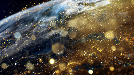 satellite. Satellite view of Earth with golden connection points, abstract digital networks against deep space. product launch decks.
