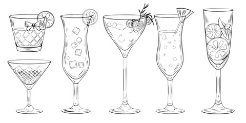 Collection of hand drawn cocktail glasses filled with ice and garnishes