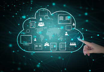 Cloud data storage and businessman's hand. Information exchange and secure data storage. Cloud...