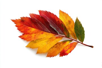 Autumn leaf array with reds oranges yellows and greens set against a stark white background
