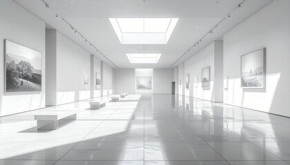 A spacious, minimalist gallery hall showcases modern art pieces and sleek, light-colored seating.