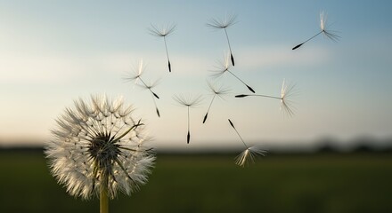 Close-up of a dandelion with seeds drifting in the breeze on a serene evening.