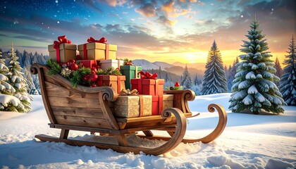 Christmas sleigh loaded with gifts in snowy landscape (1)