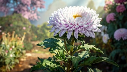 Close-up of a vibrant pastel pink chrysanthemum in a garden setting