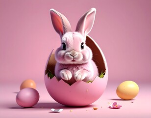 Cute pink bunny in a cracked egg on a pink background