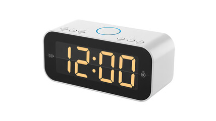 A modern digital alarm clock with a white rectangular body and rounded edges. Isolated on a transparent background.