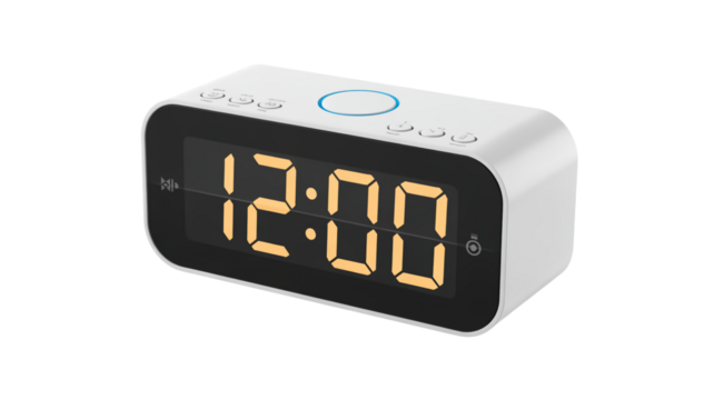 A modern digital alarm clock with a white rectangular body and rounded edges. Isolated on a transparent background. - Powered by Adobe