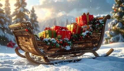 Christmas sleigh loaded with gifts in snowy landscape