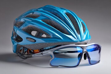 Blue bicycle helmet sits over cycling sunglasses on a gray background