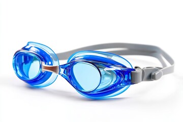 Blue  gray swimming goggles displayed on a white background