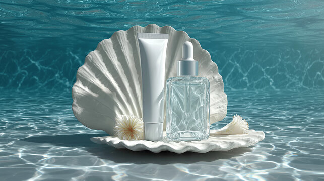 Underwater beauty product with seashell background