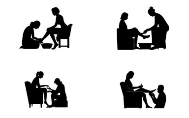 Four silhouette illustrations depicting various foot care and pedicure scenarios on a white background