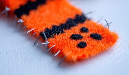 Close-up of orange and black fabric, stitched with metallic pins