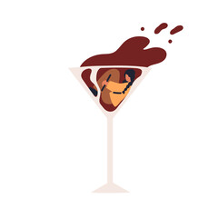 Alcohol addiction concept. Addicted woman drowning inside wineglass. Wine drinking abuse. Dependency, unhealthy bad habit and intoxication risk. Flat vector illustration isolated on white background