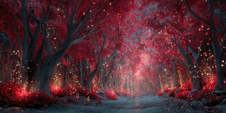 Magical, glowing red forest path