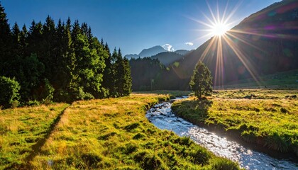 A sunlit meadow, a gentle stream, and towering trees create a serene landscape.