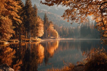 Fototapeta premium Serene Autumn Lake - Golden Reflections in Mountain Forest.