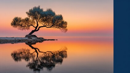 A lone tree, silhouetted against a serene sunrise or sunset over calm water, perfectly reflected