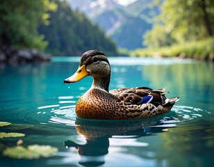 A duck on a turquoise lake, surrounded by forest