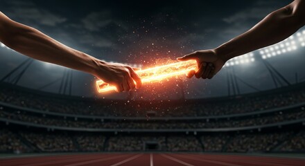 Two athletes exchanging a glowing baton during a relay race under stadium lights.