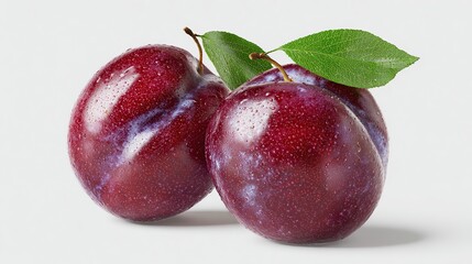 Fototapeta premium Two plump, glossy, dark red plums with visible water droplets and fresh green leaves resting on top