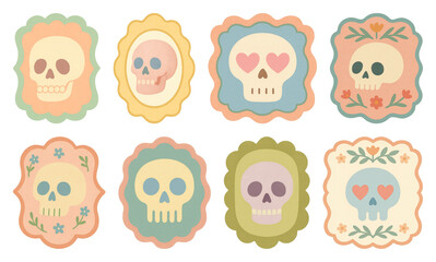 PNG Colorful skulls with decorative frames, element set on transparent background