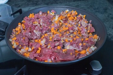 Close-up of raw beef with chopped vegetables, including onion and carrot, cooking in a frying pan on a modern kitchen stove. Fresh home-cooked food preparation concept.