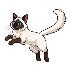 Siamese Cat in Action: A playful Siamese cat with striking blue eyes and a unique color pattern leaps gracefully, showcasing its energy and agility.