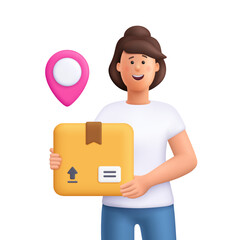 Young smiling woman Jane holding cardboard package box with location pin symbol. Delivery, shipping, logistics and package tracking concept. 3d vector people character. Cartoon minimal style.