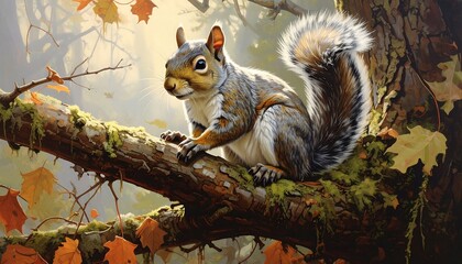 Obraz premium A gray squirrel, perched on a mossy forest branch, gazes serenely into the sunlit woodland, bathed in the warm autumnal hues of fallen leaves.
