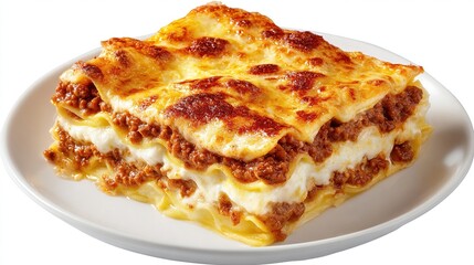 Layered lasagna, cheesy, with meat sauce and pasta sheets, served on a white plate