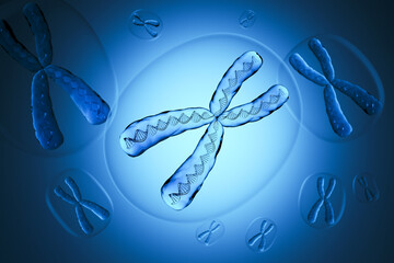 Chromosomes with DNA double helix molecule, Science biotechnology, 3d illustration