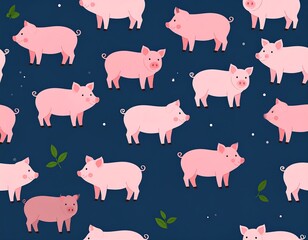 Cute pink piggies pattern on dark blue background