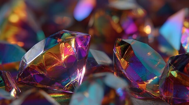 Close-up of faceted gems reflecting rainbow colors, creating a mesmerizing light display