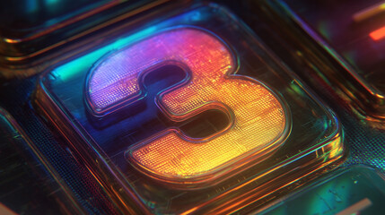 A 3 is shown in a colorful, neon style