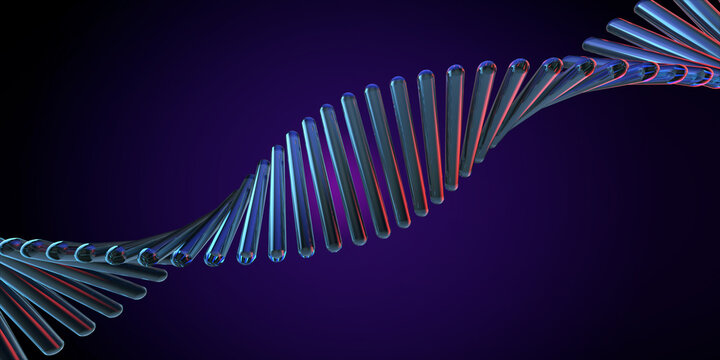 DNA double helix, abstract genetic 3D structure design on a dark background. Minimalistic cgi for molecular biology, biotechnology, genetic engineering, genome medical research, educational materials