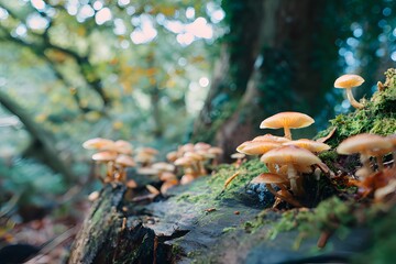 Fototapeta premium Wild Mushrooms Growing on Moss in Forest Natural Woodland Fungi Close-Up