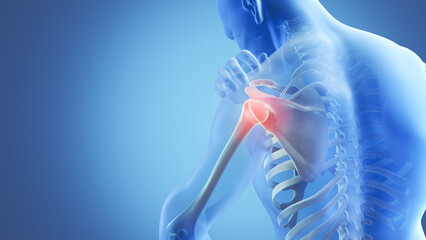 X-ray of a blue human shoulder with a painful spot highlighted in red, 3d illustration.