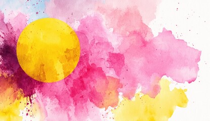 Abstract watercolor splatter with a yellow circle