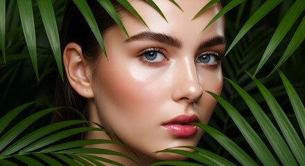 Fototapeta premium Natural Beauty Portrait: Young Woman with Blue Eyes and Flawless Skin Amidst Lush Green Tropical Leaves, Emphasizing Skincare, Wellness, and Organic Purity